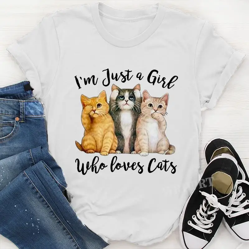 Cute Cat Print T Shirts I'm Just A Girl Who Loves Cats T Shirts Women Casual Plus Size Tops Summer T-shirts