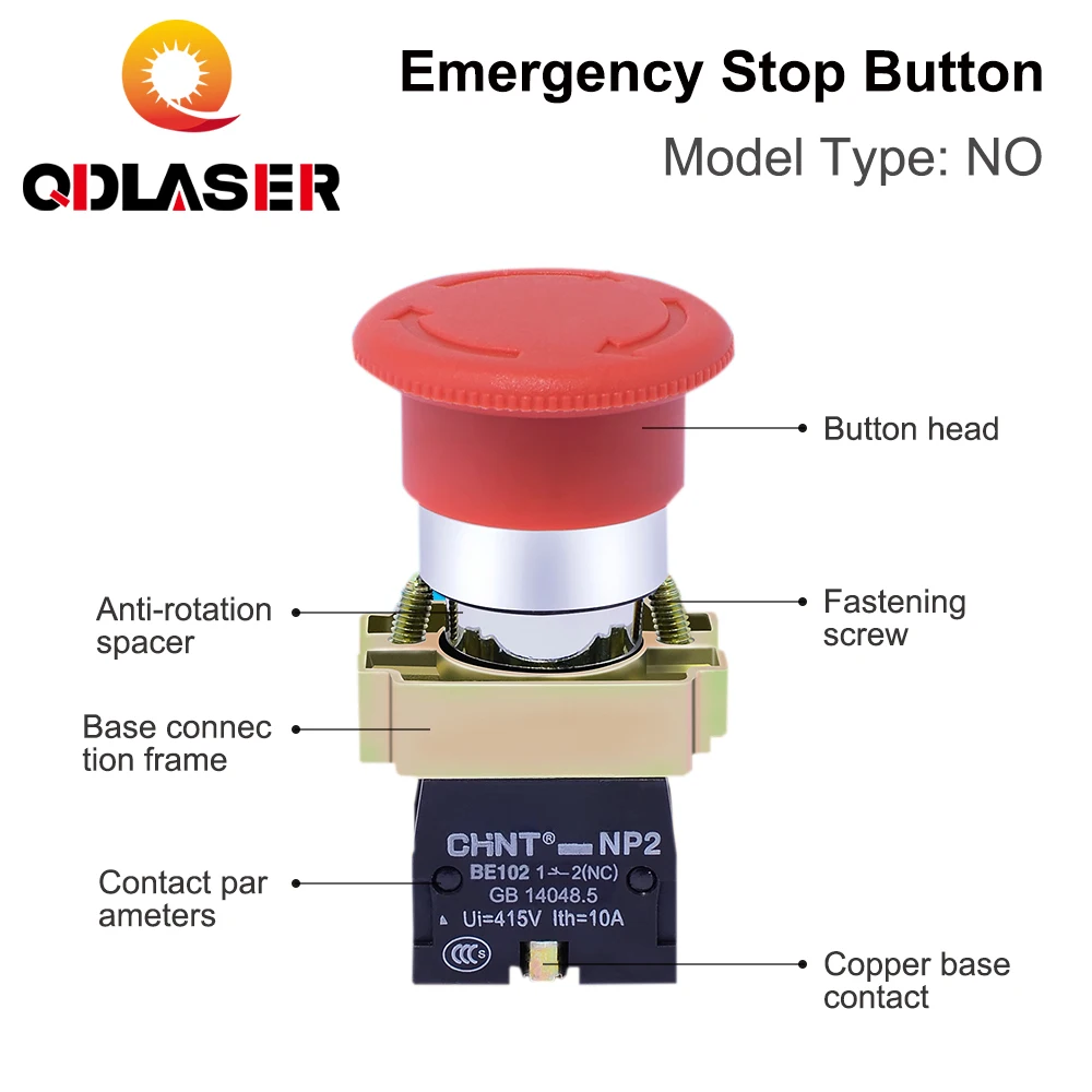 QDLASER Emergency stop switch button NC Momentary Latching BE102 for CO2 Laser Engraving Cutting Machine