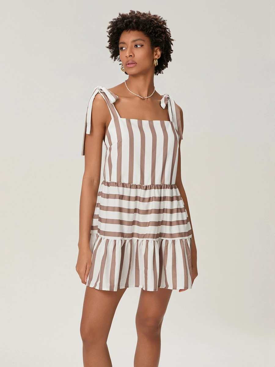 Women Mini Dress Stripe Tie-Up Shoulder Strap Sleeveless Dress Summer Casual Cami Dress