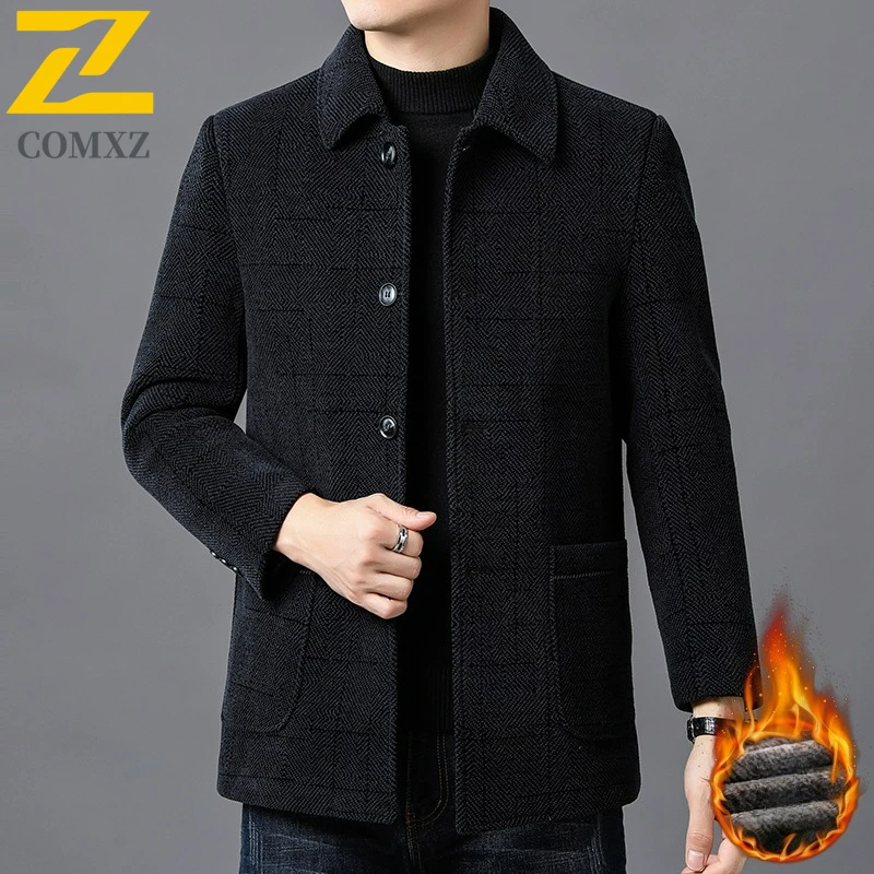 

Men Wool Jacket 2025 Winter Classic Lapel Fleece Lined Warm TrenchCoat Business Style Casual Single Breasted Chenille Coat