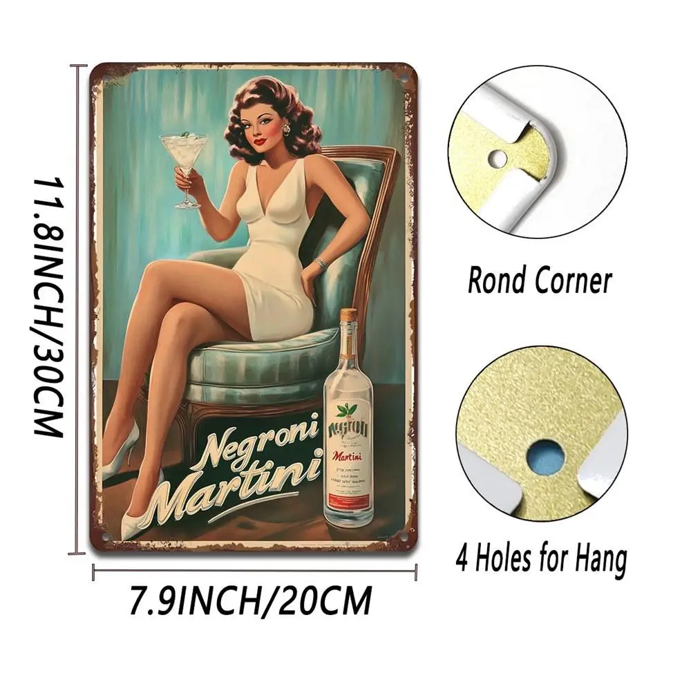 

Vintage Style Negroni Martini Metal Sign, Classic Pin-Up Art Decor, 8X12 Inch, Pre-Drilled, Weather-Resistant, Easy To Hang