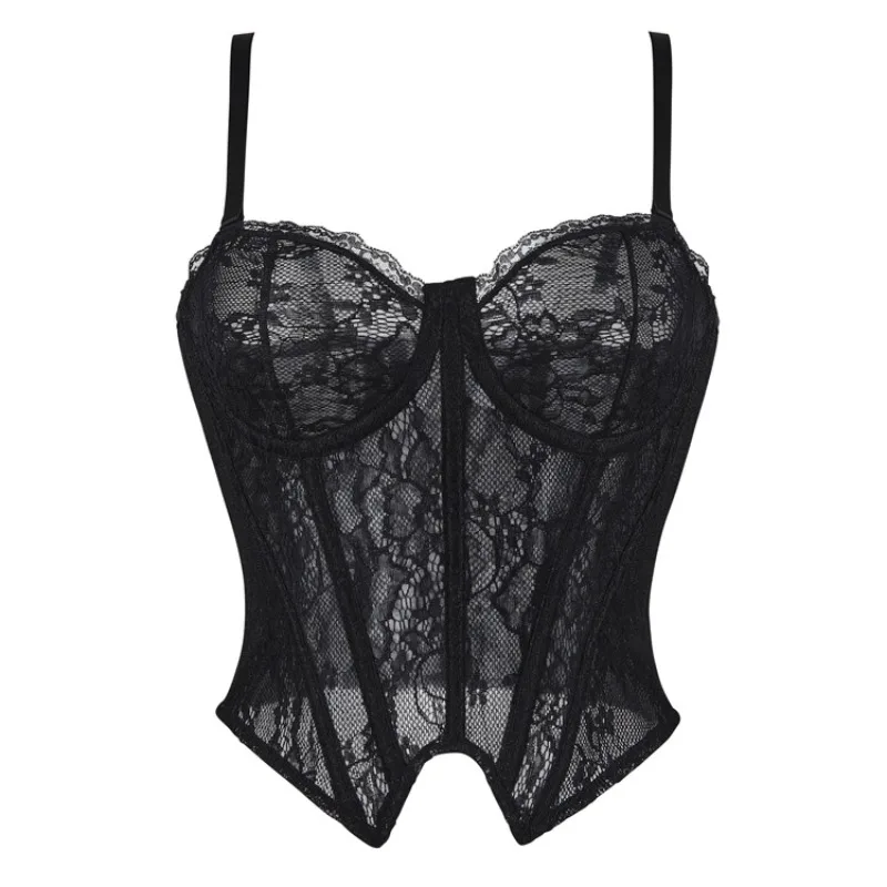 Women Black Lace Corset Bustier Spaghetti Strap Steel Cup Fishbone Body Shaper V‑Neck Pointed Hem Crop Top Club Party Camisole