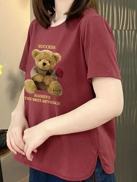 

New 2026 Commuter Style Bear Print Short Sleeve Loose Fit round Neck T-Shirt Women's Summer Slimming Top for Middle-Aged And ...