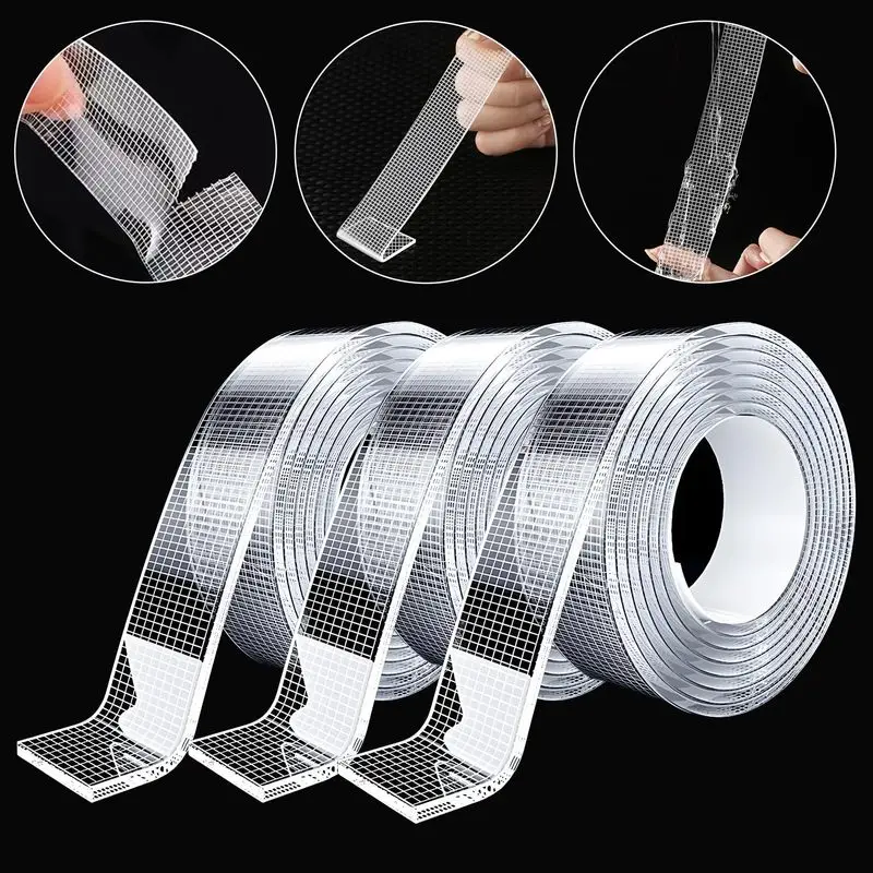 Clear Double‑Sided Nano Mounting Tape, Thick Waterproof Traceless Strong Adhesive Grid Tape for Wall Picture Rug Poster Fixing