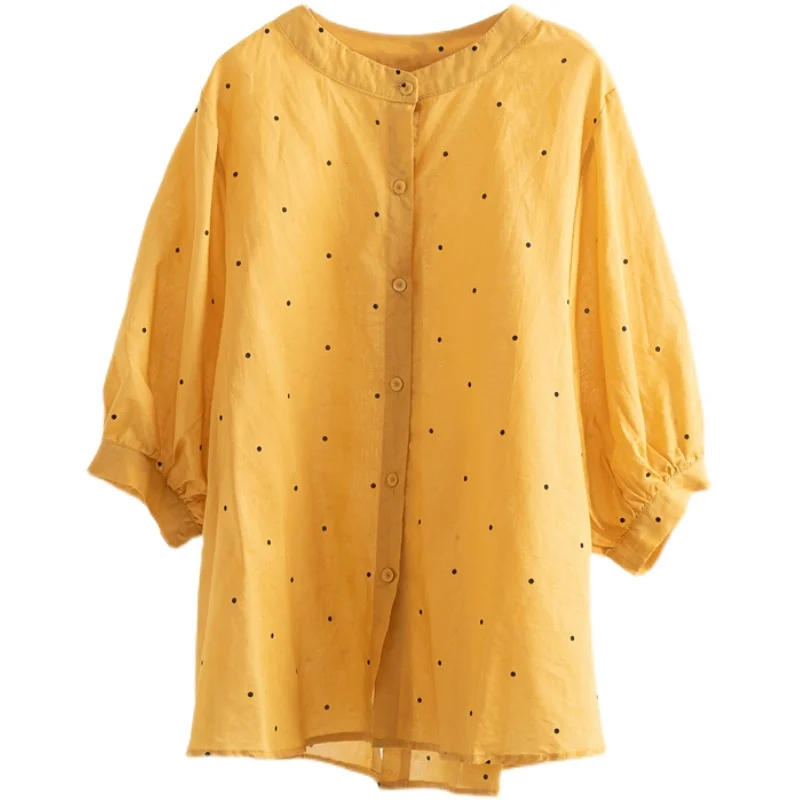 Women's Cotton Linen ort Sve irt round Ne Polka Dot Casual Top Comfortable Breathable Summer Faion