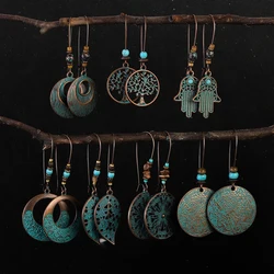 Ethnic Round Tree Fatimid Hand Long Hanging Earrings for Women Bohemia Wooden Blue Beads Piercing Flower Leaf Earrings Jewelry