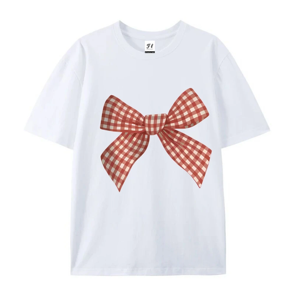 T-Shirt à manches courtes et col ras du cou pour femme, vêtement d'été décontracté, avec nœud vichy, imprimé graphique, confort, coupe régulière