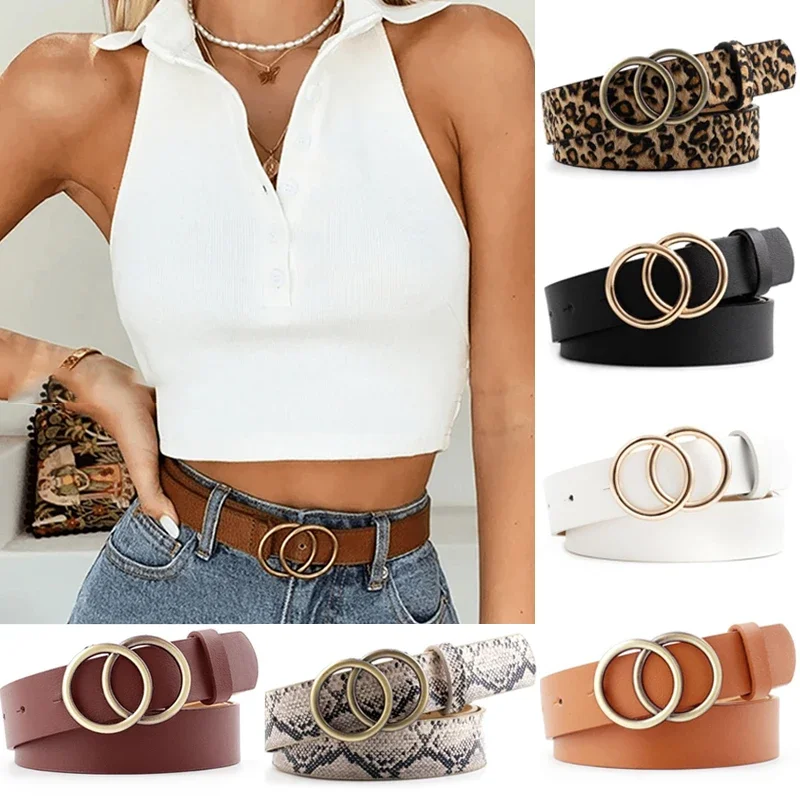 

Fashion Double Ring Belts for Women Girls Fashion Leopard Waist Belt Metal Pin Buckle Belt Leisure Dress Jeans Wild Waistband