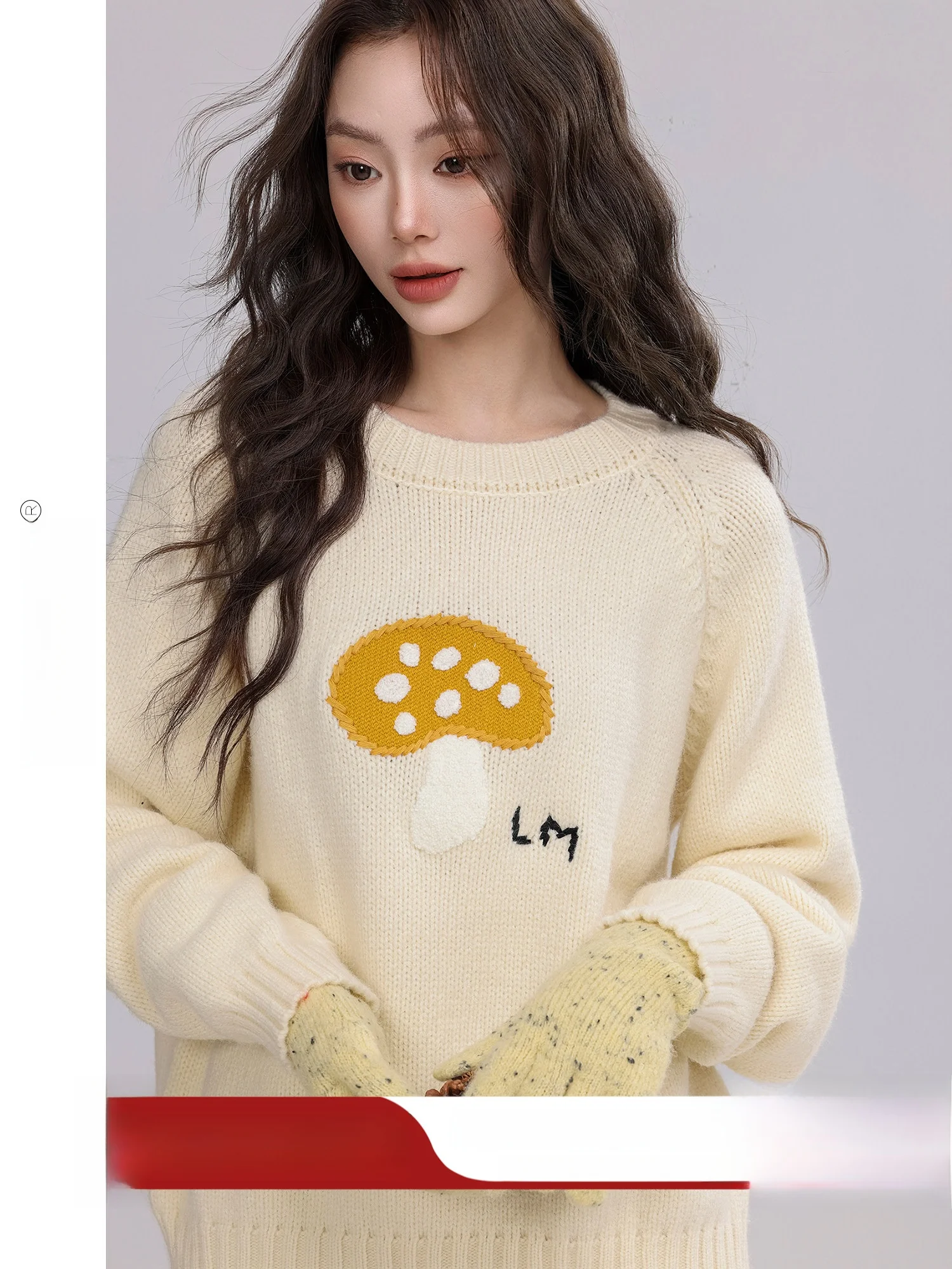 

Loose Lazy Style Embroidered Mushroom Knit Sweater Women's Casual Winter Long Sleeve round Neck Soft Polyester Fiber