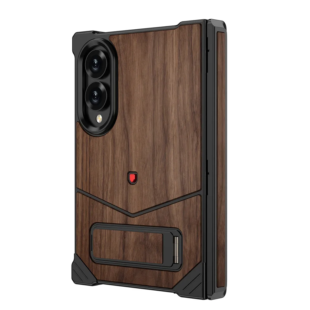 Custom Walnut Wood Back Panel Magnetic Case for Samsung Z Fold 8 With 360 Ring Stand Aluminum Alloy Frame Shockproof Cover