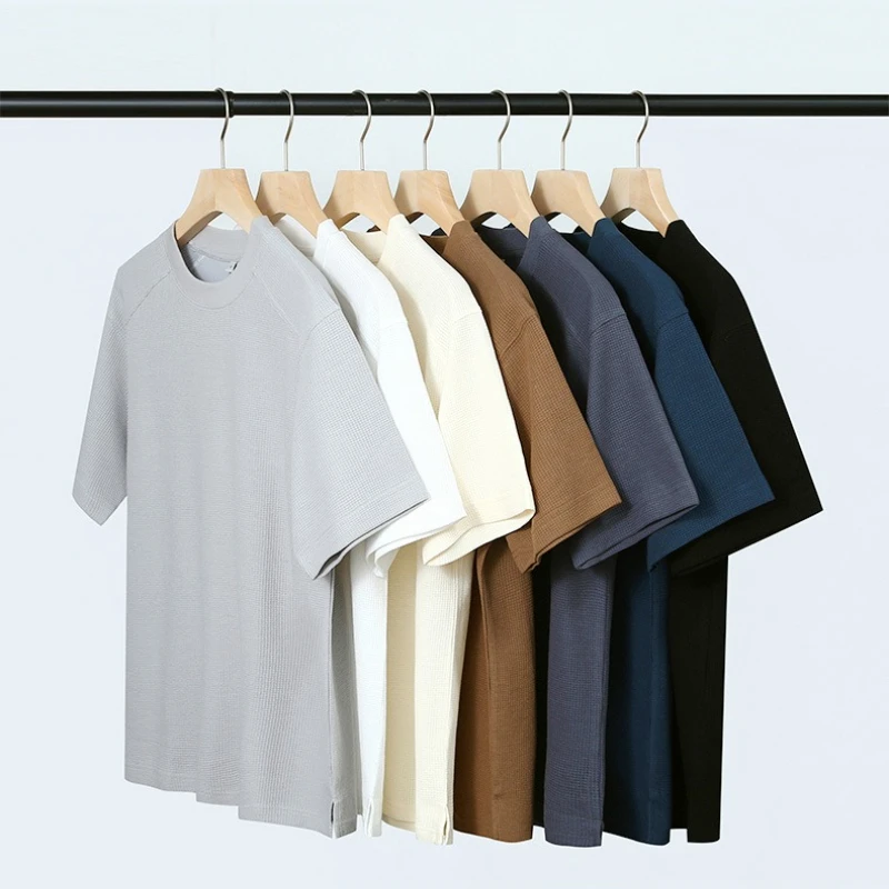 Men's 220g Short-sleeved T-shirt with Shoulder Sleeves and Split Hem Solid Color Summer Man T-shirt Tops Tees
