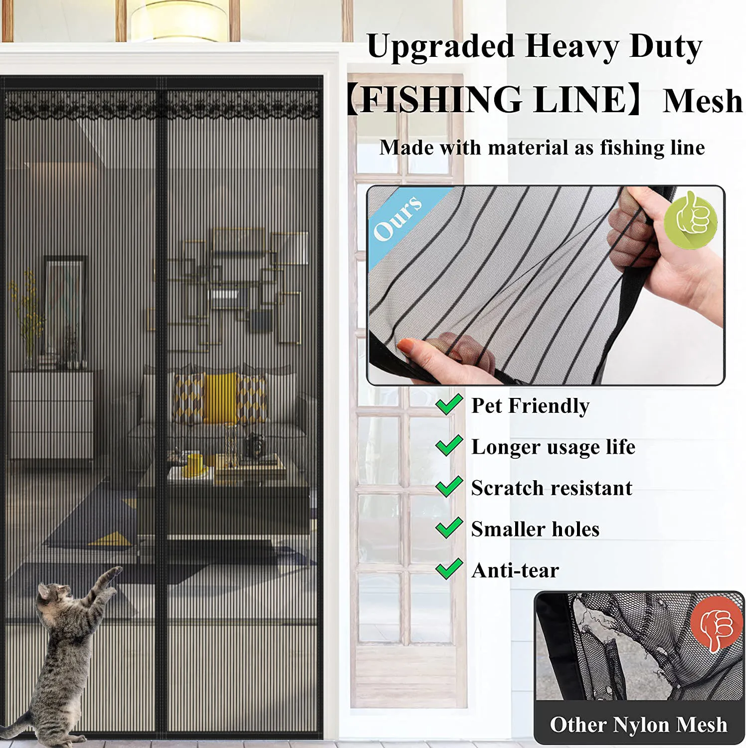 Upgraded Velcro Screen Door Full Magnetic Strip Anti-mosquito Door Curtain Seamless Closure Fishing Line Material Mesh for Door