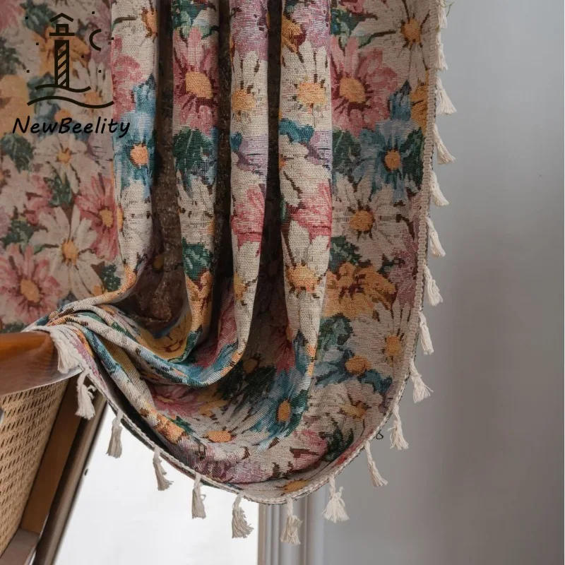 

Colorful Flowers Fresh Jacquard Tassels Half-Blackout Curtains for Living Dining Room Bedroom Custom Size Decoration Wedding