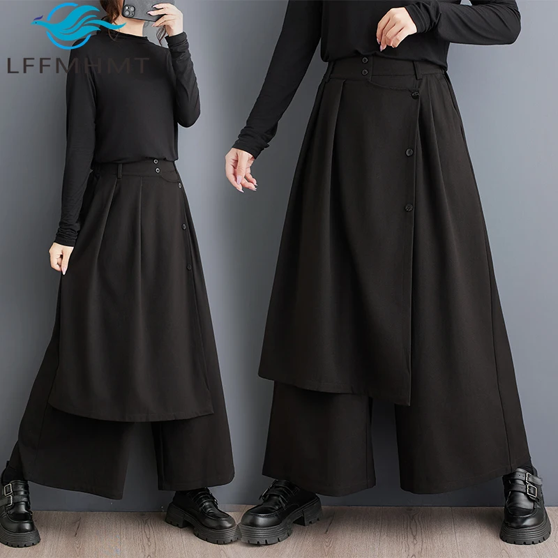 Autumn/Winter Asymmetric Cutting Three Button Decorate Elastic Waist Wide Leg Trouser Women Thin Retro Versatile Casual Pants