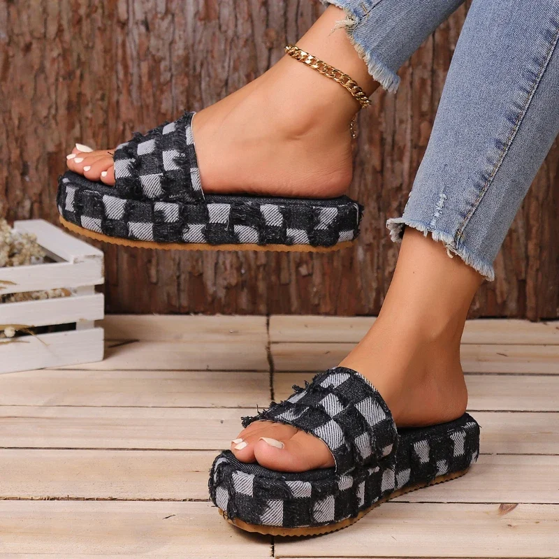 Kobiety Płótno Denim Pantofle Letnie Nowe Kobiety Plaża Retro Slip on Wedges Platforma Casual Open Toe Jeans Flat Sandals