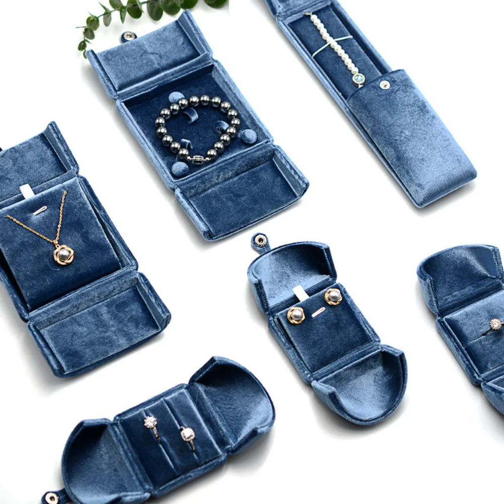 Double Opening Blue Velvet Jewelry Storage Box Necklace Ring Earrings Organizer Gift Box Solid Color Luxury Jewelry Box Joyero