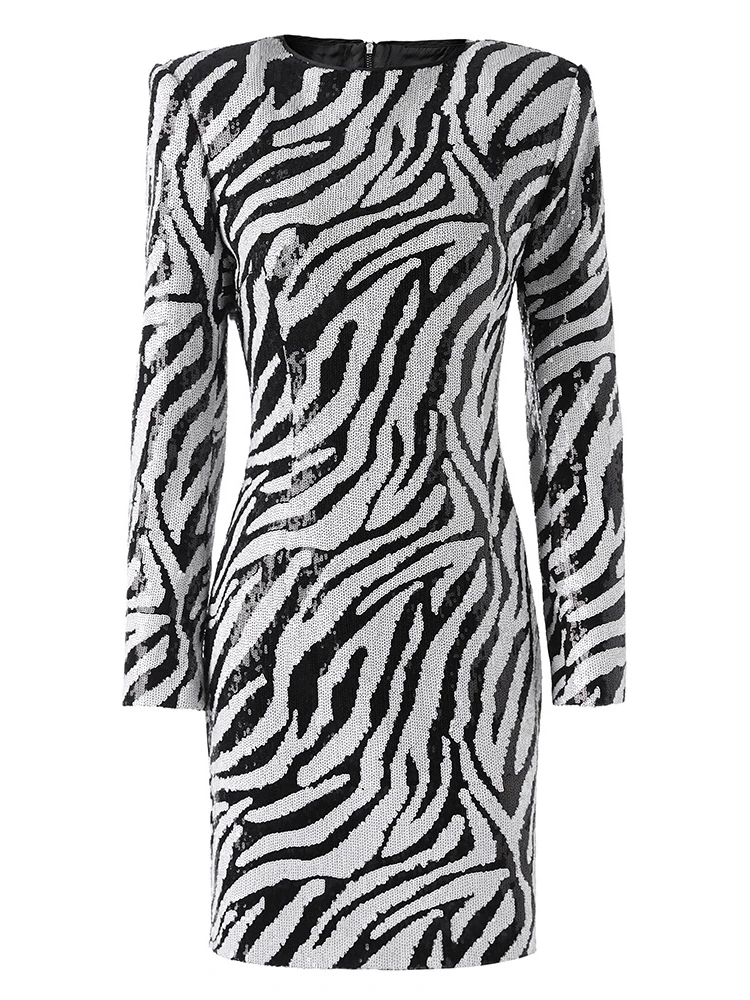 HIGH STREET Newest Fashion 2024 Designer Women\'s Round Neck Sparkling Zebra Print Dress