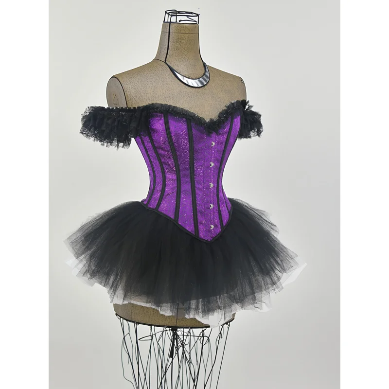 Off--Shoulder Lace Jacquard Slim Corset and Tulle Tutu Skirt, Swan Ballet Skirt Stage Performance Party Outfit Set, Halloween