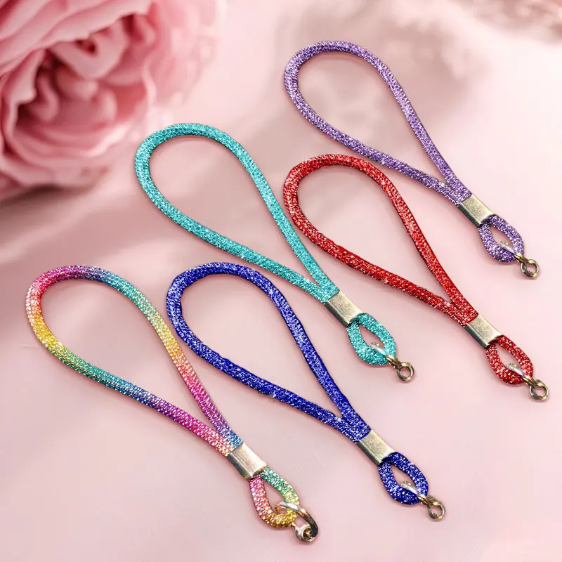 Brelok do telefonu z brokatem, błyszczącymi cyrkoniami, smycz do telefonu, diamentowy kryształowy pasek na nadgarstek, zawieszka do kluczy, sznurek zapobiegający zgubieniu