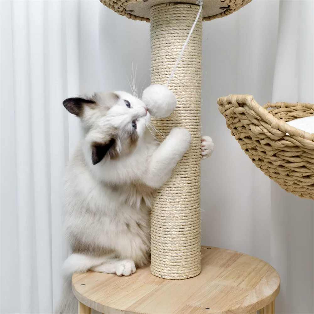 3 ชั้นแมวเบาะ Plush Napping Perches ลูกแมวคอนโด Sisal เชือกโพสต์และแขวนของเล่น Tower สําหรับในร่ม Kitties