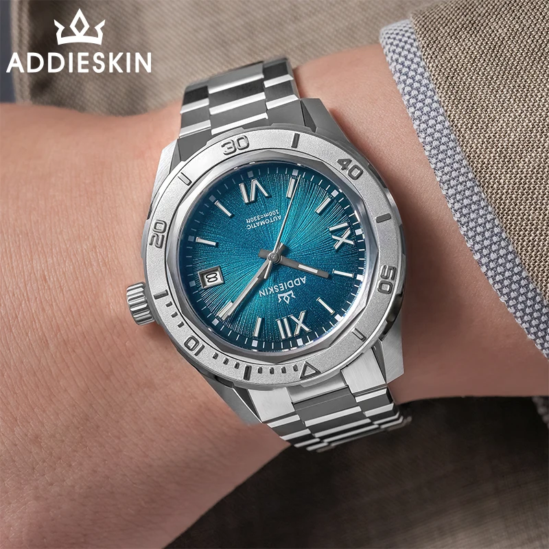 AddiesKin K002 Automatic Watch for Men 40mm Light Blue Sunburst Dial Miyota 9015 200m Waterproof Sapphire Crystal BGW9 Luminous