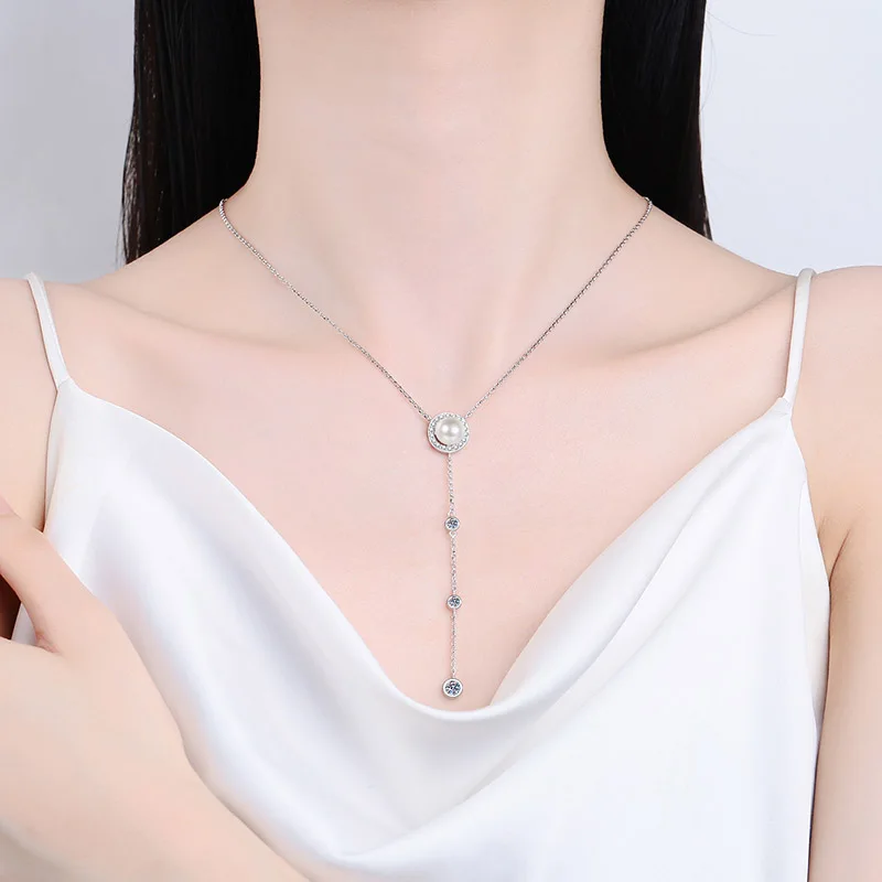 New Arrival 925 Sterling Silver Female D Color Moissanite Natural Freshwater Pearl Necklace 24 Inch Sweater Chain Pendant Premiu