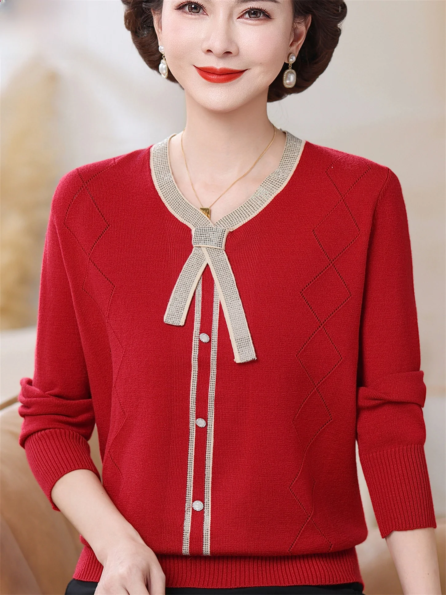 

Faionable Knitted Woolen Top Thin Long Sve Autumn Clothes for Mom Middle-Aged And ly Women Breathable Casual Wear