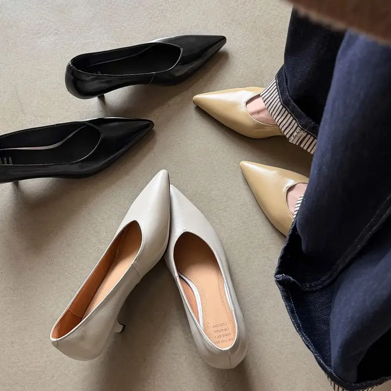 REAVE CAT Grey Genuine Leather Women Pumps Pointed Toe 5cm Small Heel Slip On Sexy Dating Shoes Handmade Footwear Large Size 40