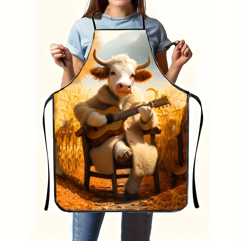 Funny Guitar-Playing Cow Pattern Apron for Men and Women, Durable Polyester, Waterproof and Oil-Resistant, Adjustable