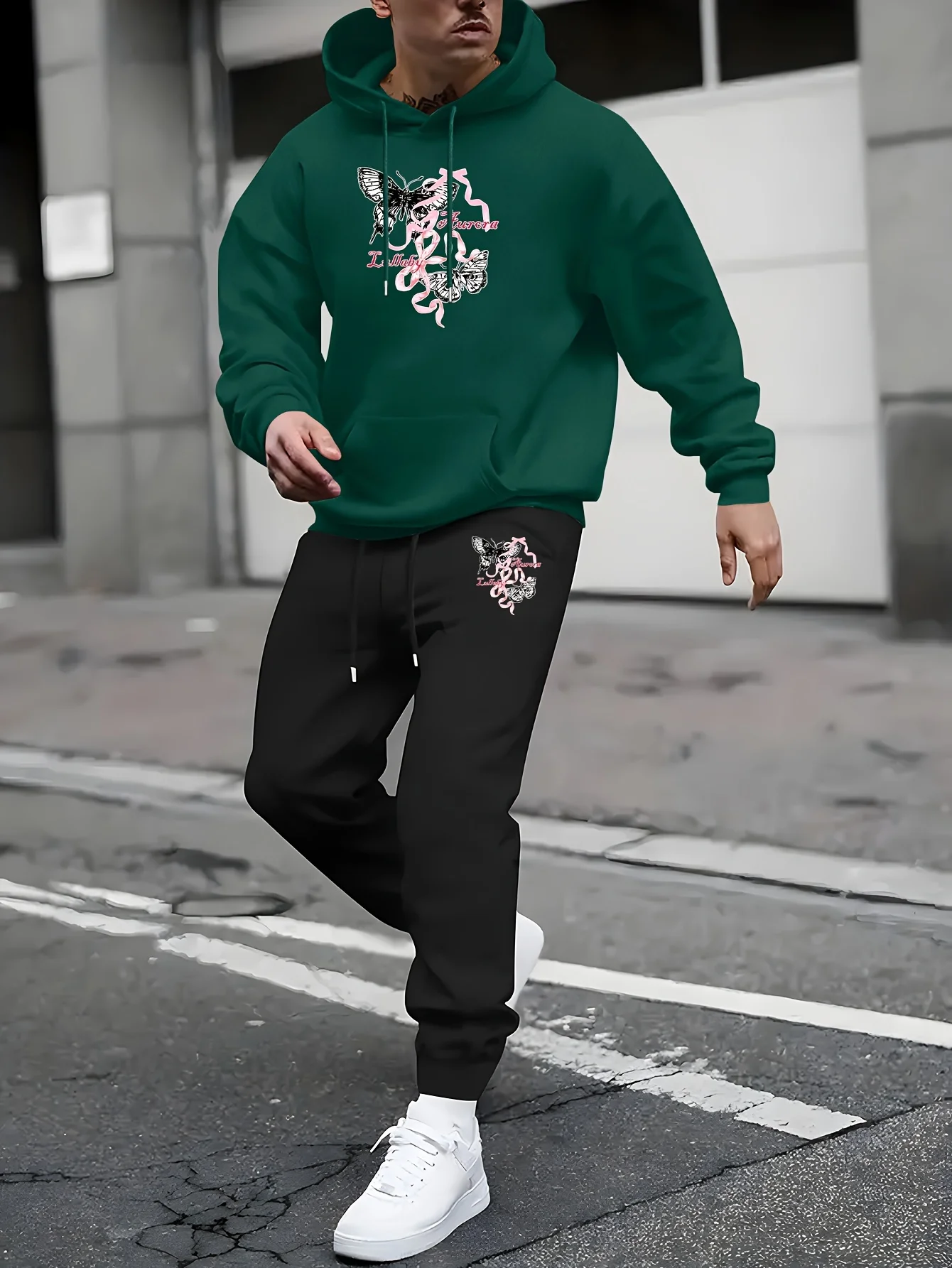 Men 2 Piece Outfit Butterfly Snake Print Hoodie Sweatshirt Set Casual Hooded Sweatpants Tracksuit Male Autumn Winter Jogger Suit
