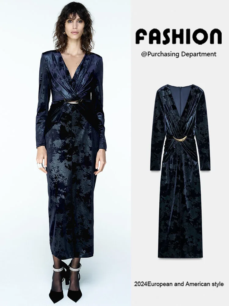 

Женское бархатное платье миди Ele Fashion с v-образным вырезом, новое поступление, зима 2022, длинное вечернее платье све, чистый цвет