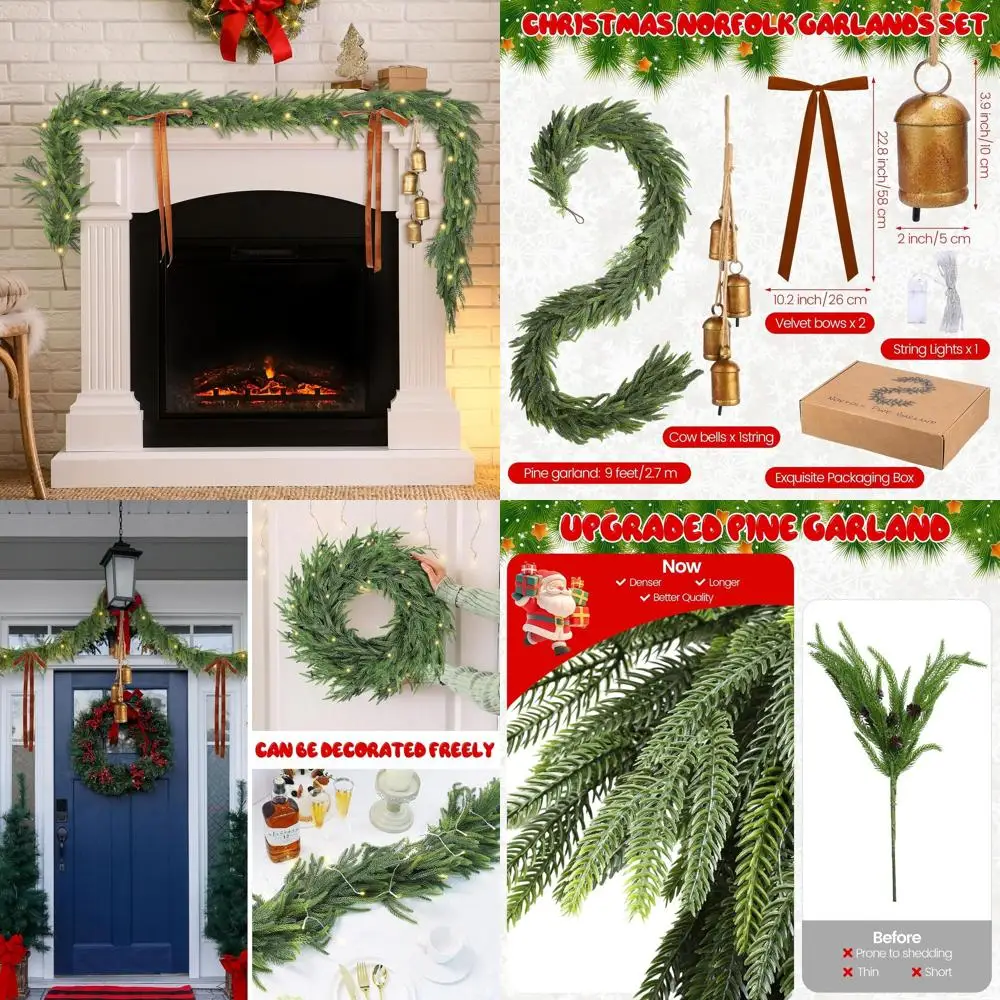 

9-футовые рождественские гирлянды Norfolk Pine с коровьими колокольчиками в деревенском стиле, бархатные банты и огни для домашнего декора и каминной шляпы