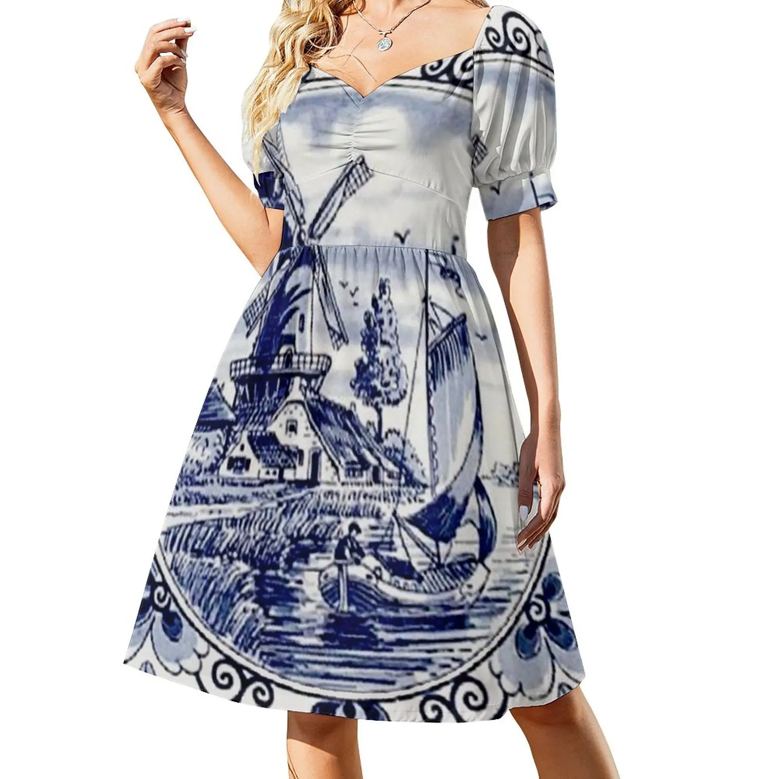 

DUTCH BLUE DELFT: Vintage Windmill Print Sleeveless Dress elegant and pretty women's dresses woman dress