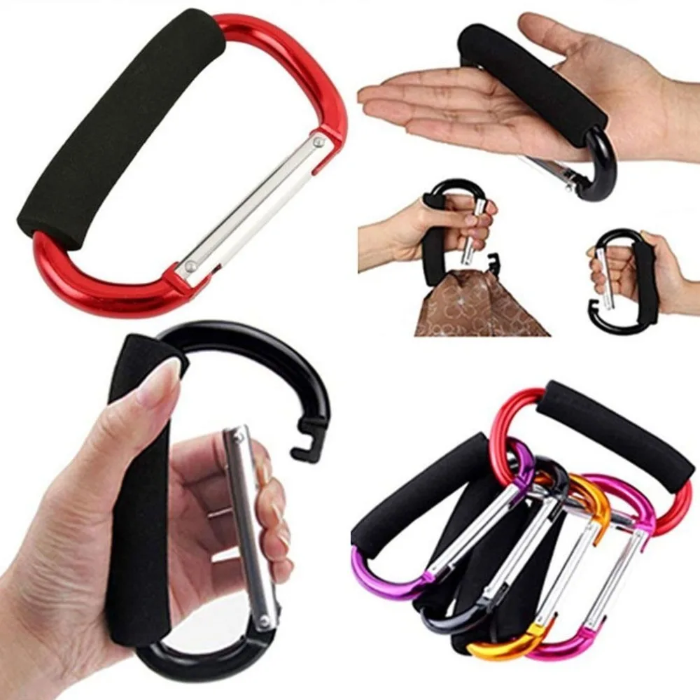 2Pcs Multifunction Baby Stroller Hook Sponge Handle D-Ring Shopping Bag Clip Hooks Soft Grip Aluminum Alloy Pram Lifting Button
