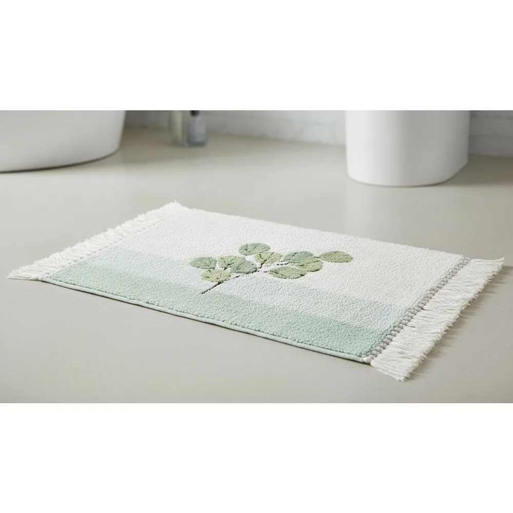 

Cotton Bath Mat with Ombre Leaves Design, Soft and Absorbent Bath Rug for Modern Home Decor