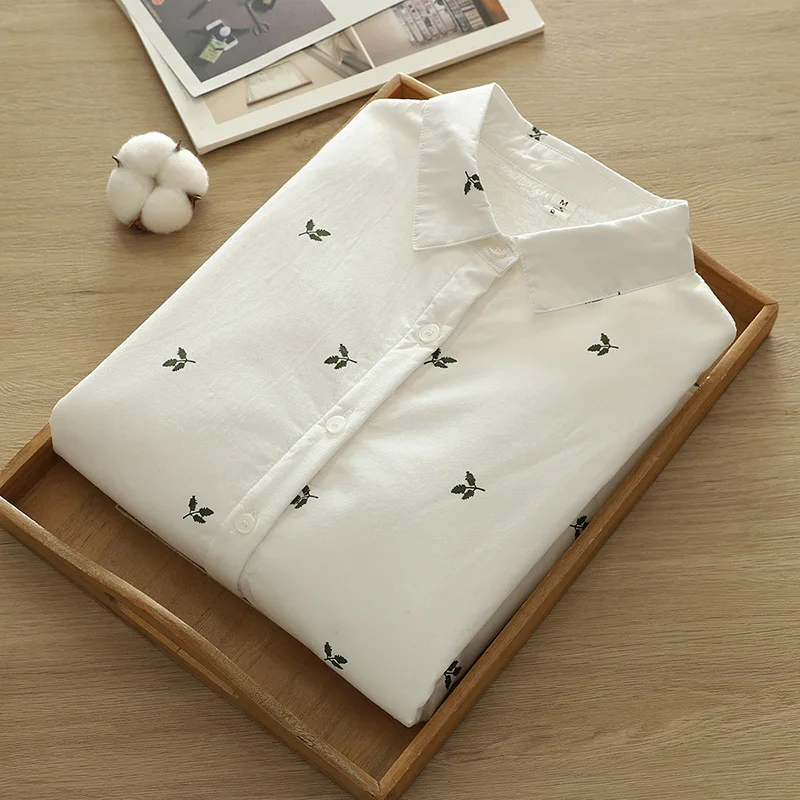 [Estoque pronto] blusa feminina de fio de algodão 100% de alta qualidade, camisa com folhas de lã quente, camisas brancas espessadas, top feminino