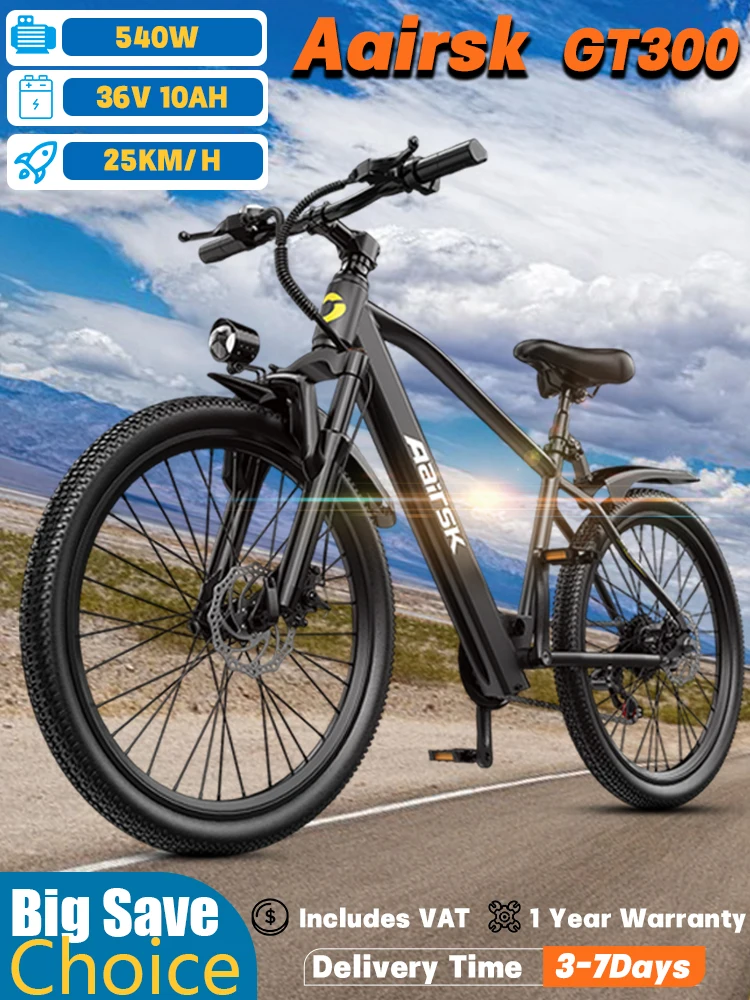 AliExpress NONE Aairsk GT300 City Ebike 540W Peak Motor 36V 10Ah Lithium Battery Off-Road Electric Bicycle 26*1.95" Tire Commuting Electric Bike