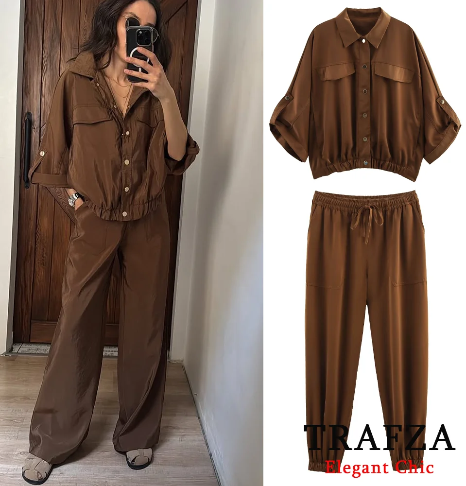 TRAFZA femmes décontracté ensemble ample marron boutons chemise + cordon pantalon nouveau 2025 mode