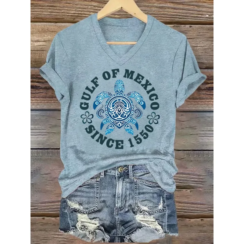 Ladies Short Sleeved T-Shirts Casual V Neck Summer Tops Gulf Of Mexico Day Printed T Shirt