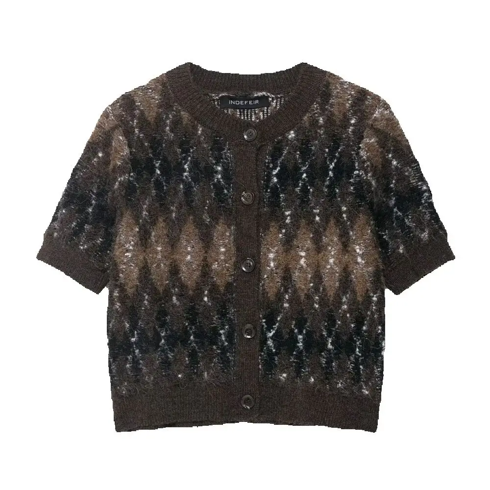 

Women's Knitted Loose Top Round Neck Short Sleeve Single Row Button Diamond Spring/Summer New Fashion Sweater Hoodie