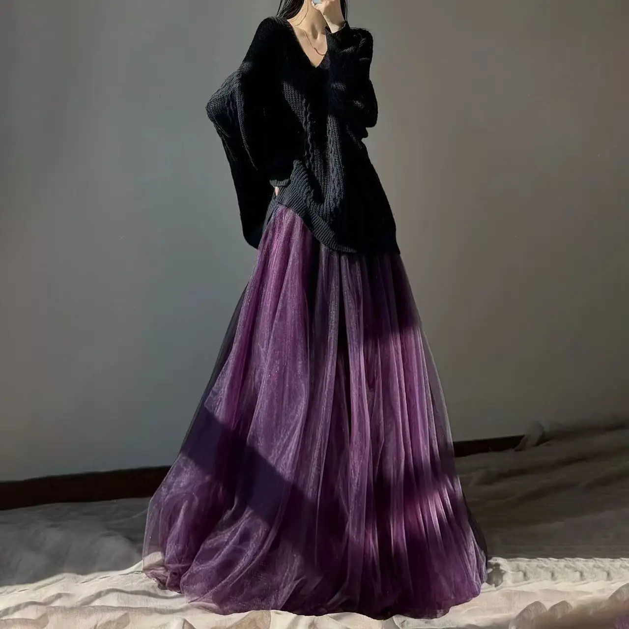 Elegant Vintage Purple Skirt Women's Traditional Mesh High Waist Hanfu Skirts Stage Performance Large Hem Skirts Daily Wear Tutu