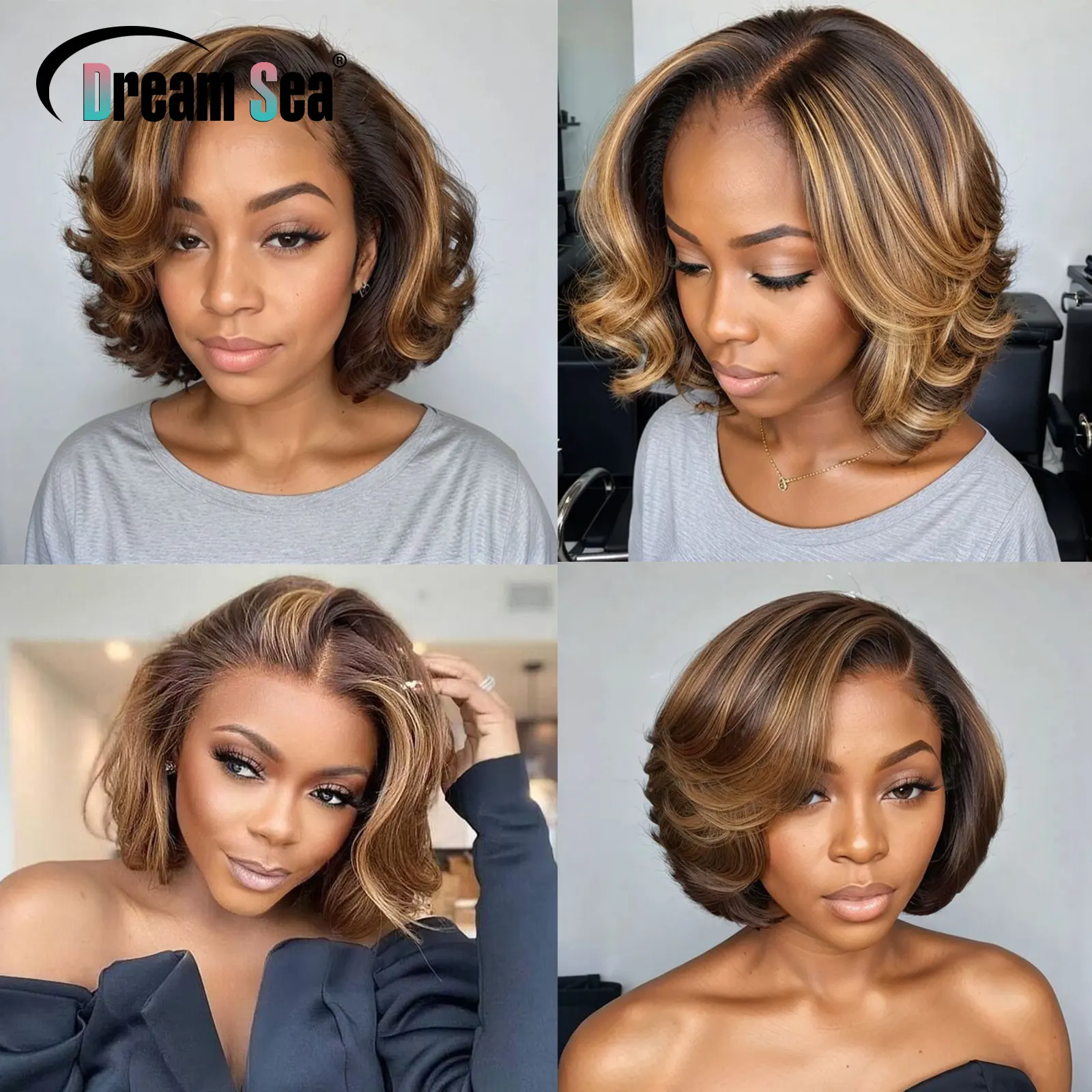 200 Density Blonde Highlight Short Bob Human Hair Wigs C Part 13x4 Lace Frontal Wig Pixie Cut Cut Brazilian Remy Hair For Women