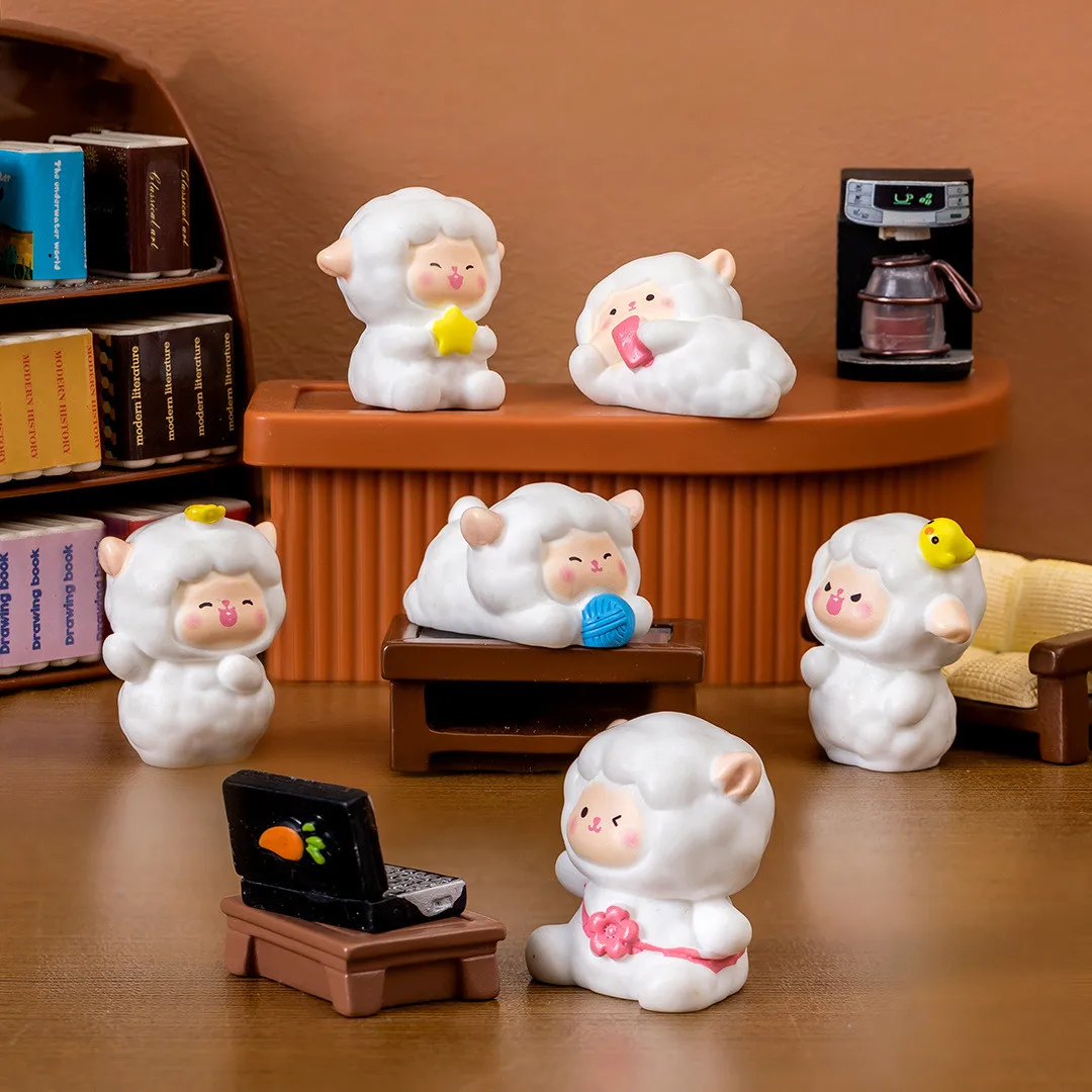 Figurines Miniatures Cute Cartoon White Sheep Micro Landscape Ornaments For Home Decorations Decor For Room Desktop Accessories