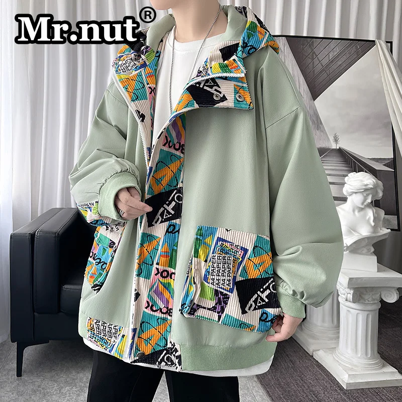 

Mr.nut Trend Graffiti Splicing Jackets Stylish Hooded Jacket Camping Windbreak Men's Clothing Loose Casual Streetwear Male Coat