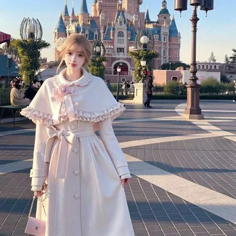2026 Autumn Winter Retro Lolita 2-piece Set Elegant Removable Shawl Bow A-shaped Long Coat Girly Style Cute Princess Woolen Coat