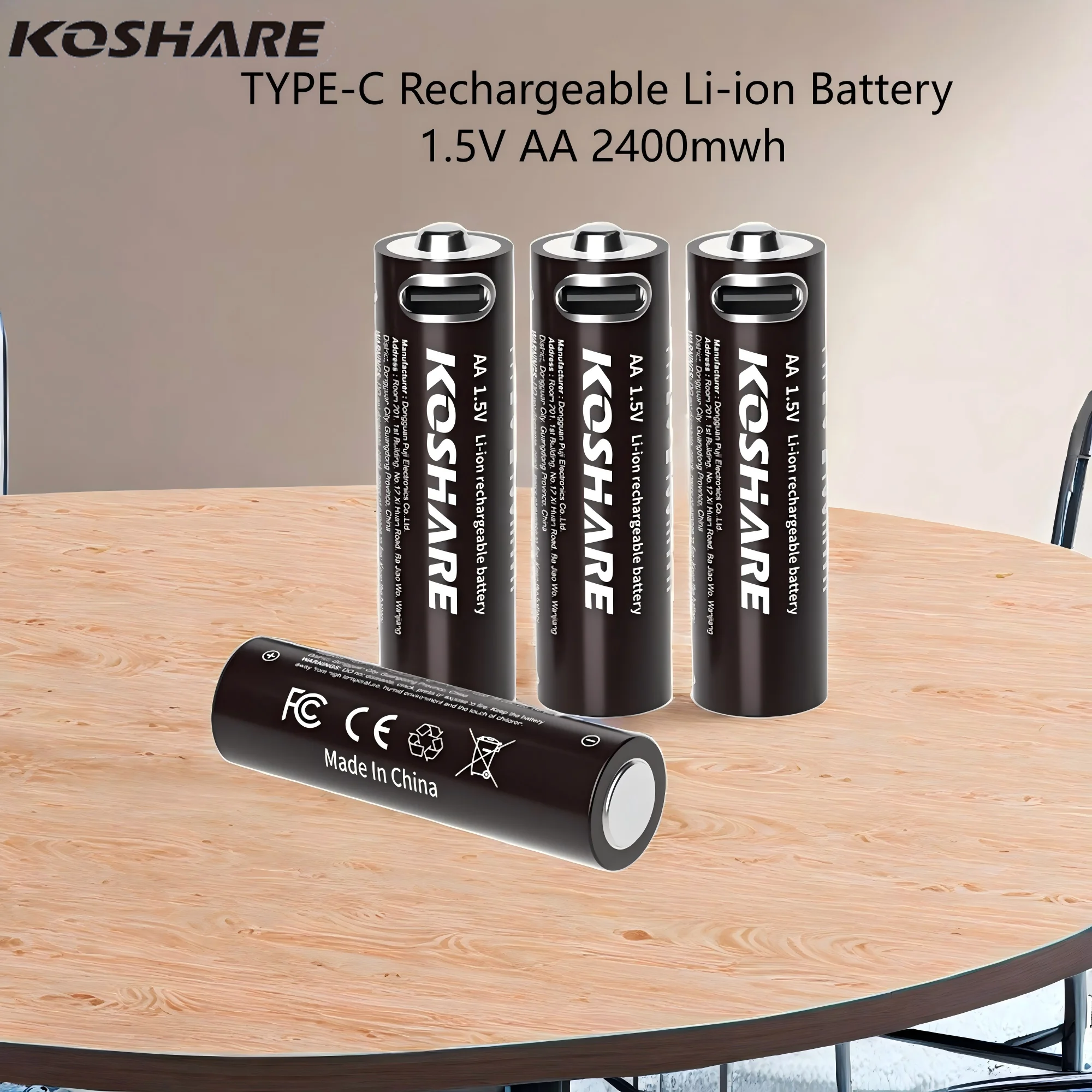 

KOSHARE USB-C 1.5V AA Lithium Battery 2400mWh Type-C Rechargeable for Remote Control Toys Smart Door Locks