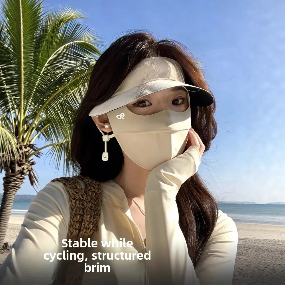 Women's Summer New Face Mask Hat UV Protection Breathable Ice Silk Integrated Design  Shape Nylon Fabric Sunscreen