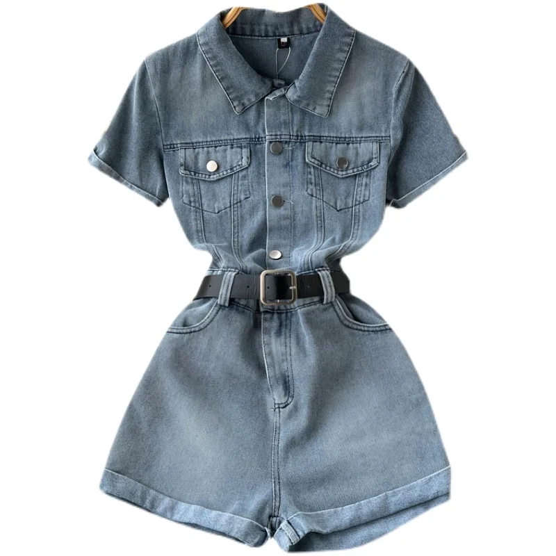 Jumpsuit Denim Shorts 2024 New Women\'s Lapel Short Sleeved Belt High Waisted Wide Leg Shorts Fashionable High Street Ladies Wear