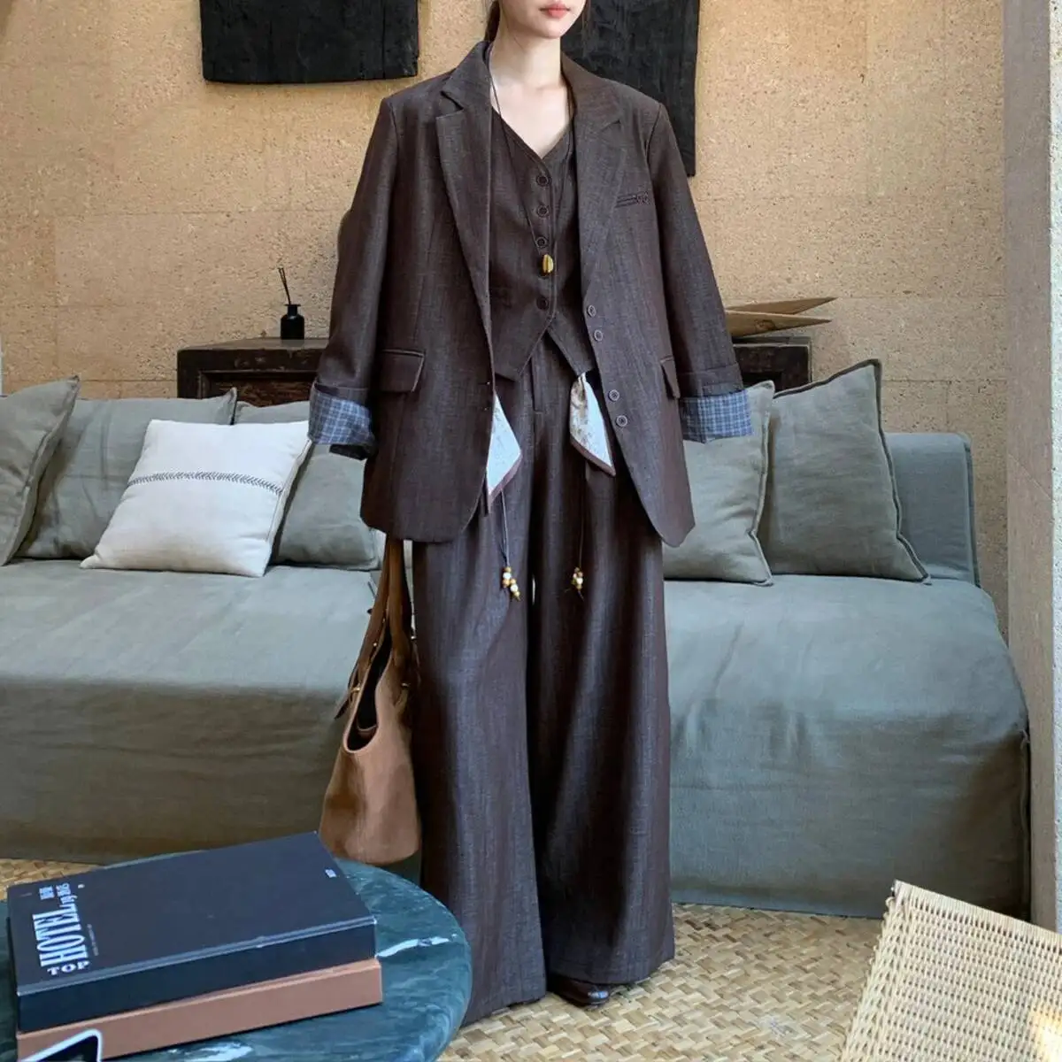 BJTZ سترة واحدة الصدر الخامس الرقبة سترة عالية الخصر السراويل واسعة خمر المرأة 3 قطعة دعوى مجموعة ربيع الخريف موضة جديدة