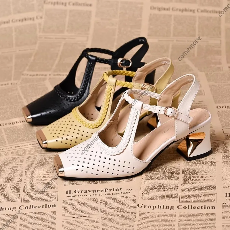 

Hollow Out T-Strap Slingback Sandals Square Toe Braided Ankle Strap Block Heel Breathable Retro Leather Shoes for Woman Zapatos